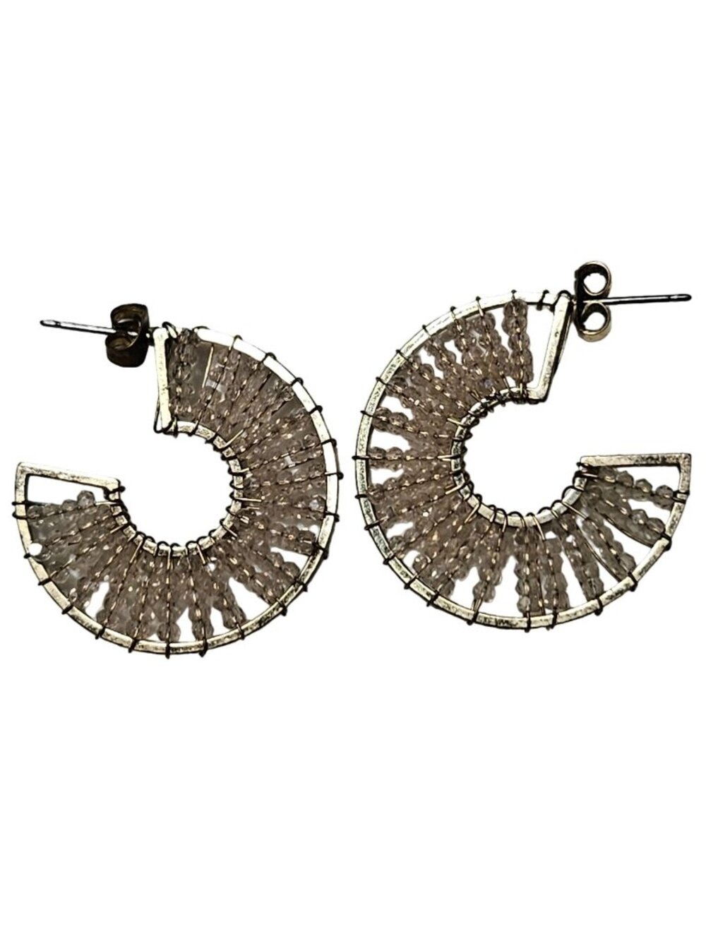 Vintage Open Hoop Earrings Gray Beads Wire Wrapped Fan Boho Festival Jewelry